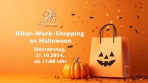Ankündigung für After-Work-Shopping an Halloween. Weiße schrift auf orangemen Grund mit einem Kürbis und einer orangenen Papiertüte mit Frazengesicht in Schwarz.