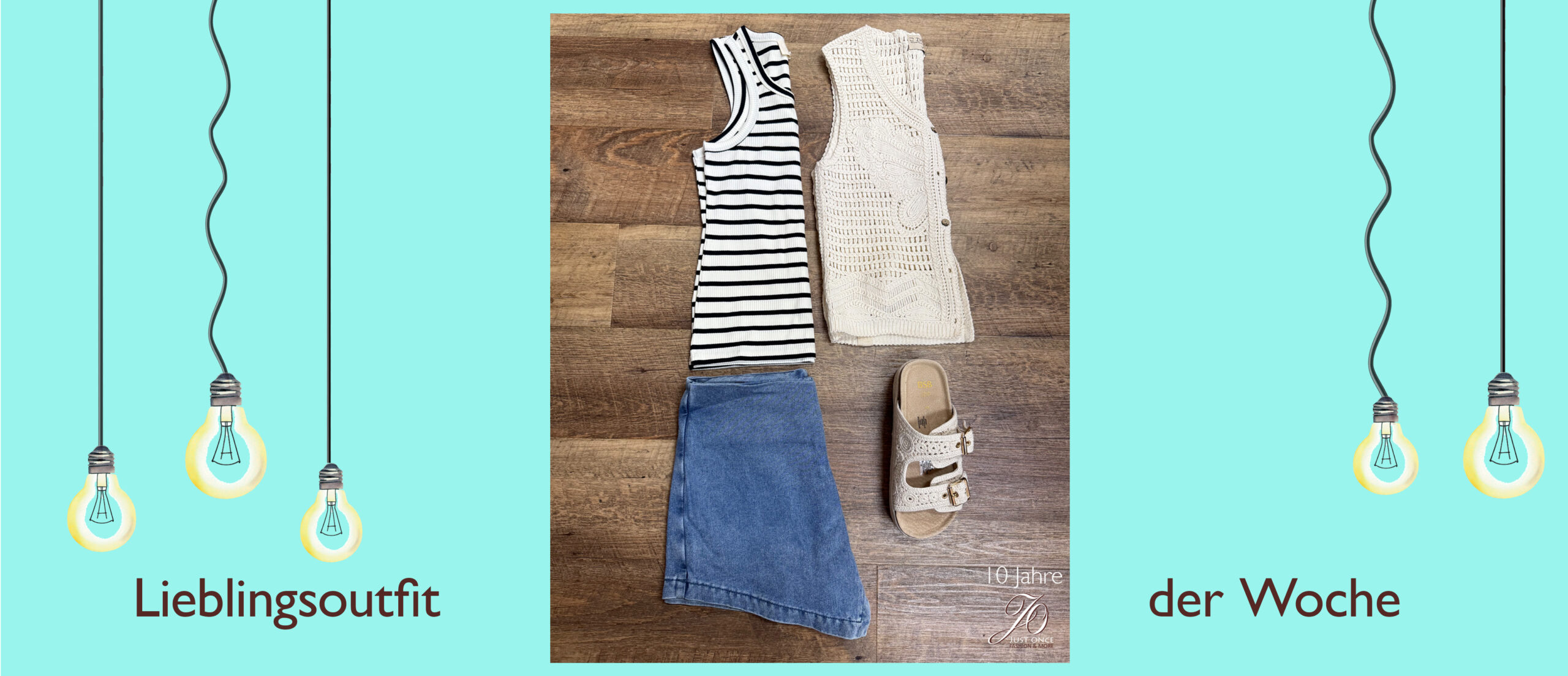Outfitinspirationen - Lieblingsoutfit der Woche von Just Once Fashion zeigt ein gestreiftes Top, eine Strickweste, eine Jeansshorts in Rockoptik und Sandalen. 